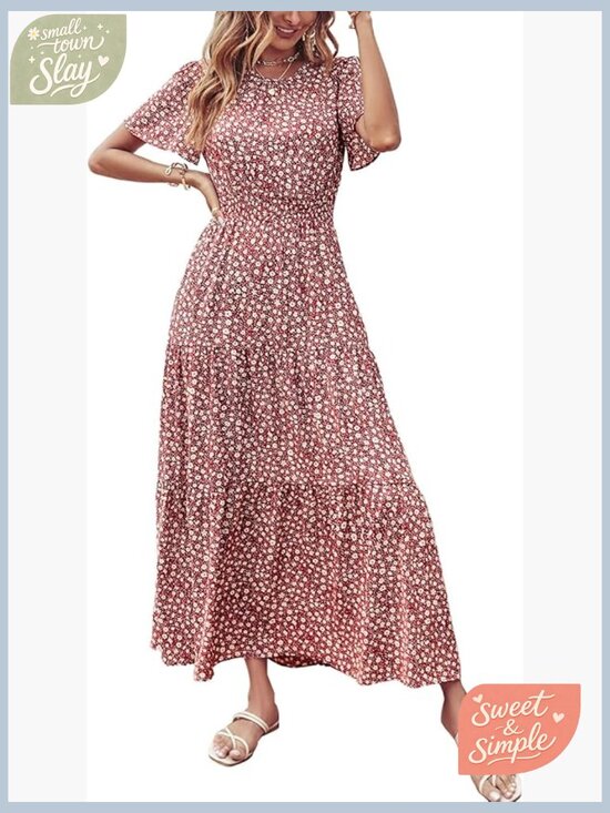 Dresses & Skirts - Short Flutter Sleeve Maxi Dress Smocked Waist Tiered Boho Flowy Summer